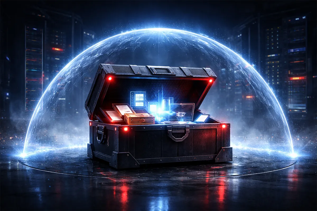 Blau-rote Schatztruhe in eine Schutzblase